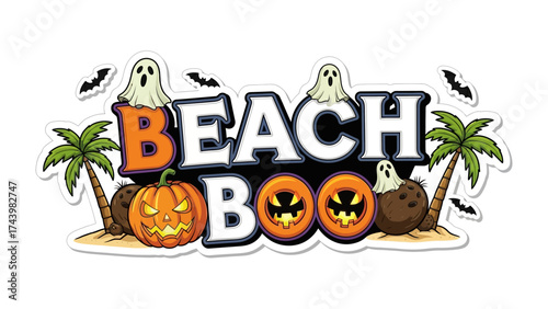 Beach Boo Halloween Decoration: A whimsical Halloween decoration, combining beach elements with spooky ghosts and a carved pumpkin, promising a unique festive atmosphere.