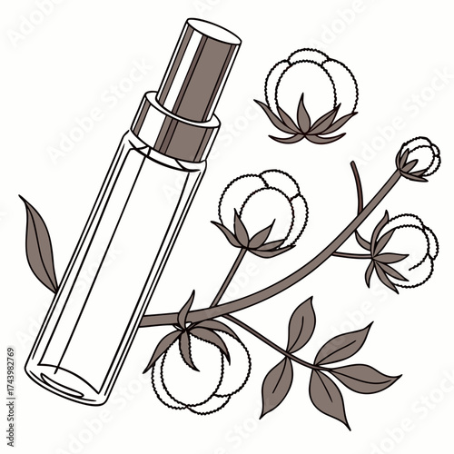 Stylized illustration of a perfume bottle and a cotton plant branch with fluffy cotton bolls and leaves