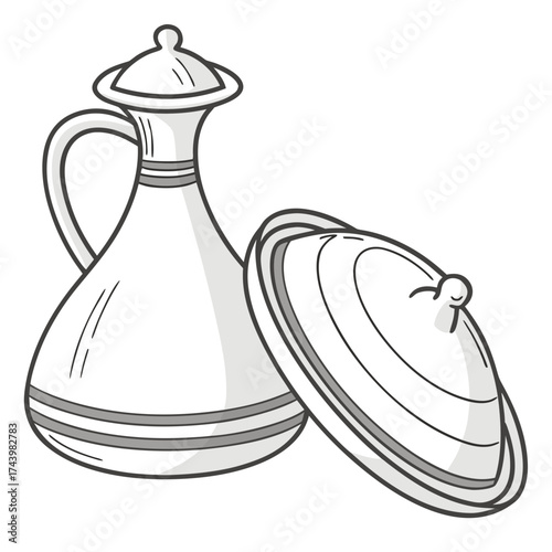 Stylized illustration of a vintage ceramic jug with a handle and a separate lid perfect for cooking or serving