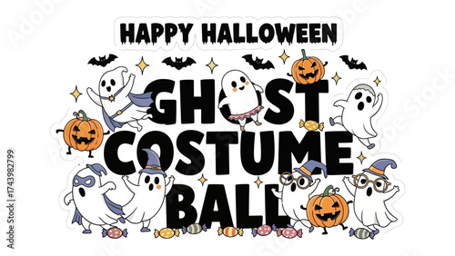 Halloween Ghost Costume Ball Invitation: Adorable cartoon ghosts and pumpkins gather for a festive Ghost Costume Ball, under the words Happy Halloween. The perfect invite for a fun holiday!