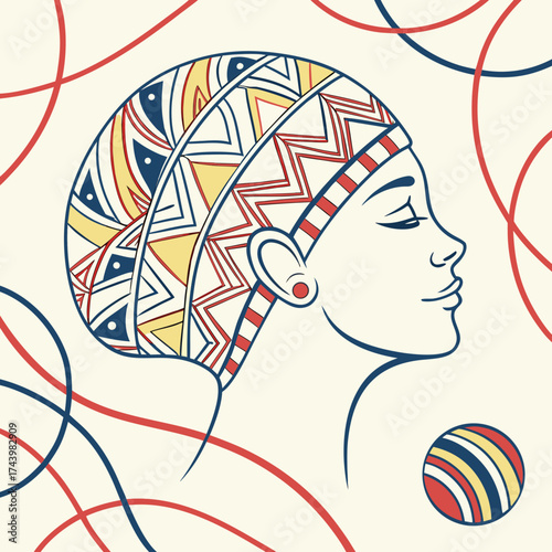 Stylized profile of a woman wearing an ornate geometric patterned headwrap with abstract swirls