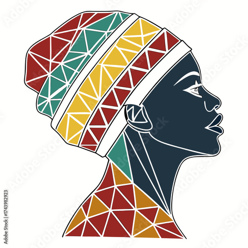 Stylized profile of an african woman wearing a colorful geometric patterned headwrap and clothing