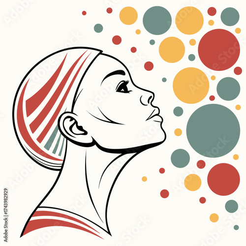 Stylized profile of a woman with abstract colorful circles floating around her head representing thoughts or dreams