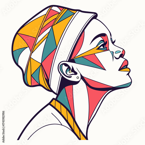 Stylized profile portrait of a woman with a geometric abstract head wrap and colorful facial patterns