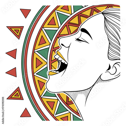 Vibrant tribal mandala embraces expressive woman singing with joyful open mouth and closed eyes