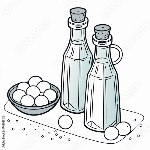 Two glass bottles with cork stoppers filled with clear liquid next to a bowl of white spheres and scattered dots