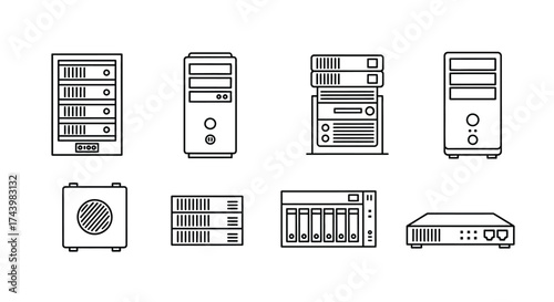 Collection of server racks and computer tower icons for data center and network technology vector