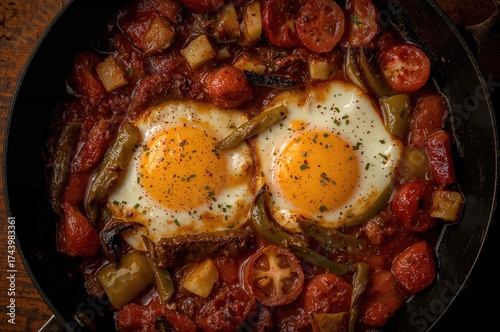 Eggs cooked in a skillet wi...