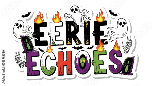 Eerie Echoes: Halloween graphic illustration featuring ghostly figures, flames, and bat motifs, evoking a spooky atmosphere for the holiday season.