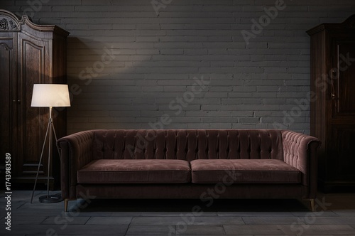 Modern couch and wooden clo...