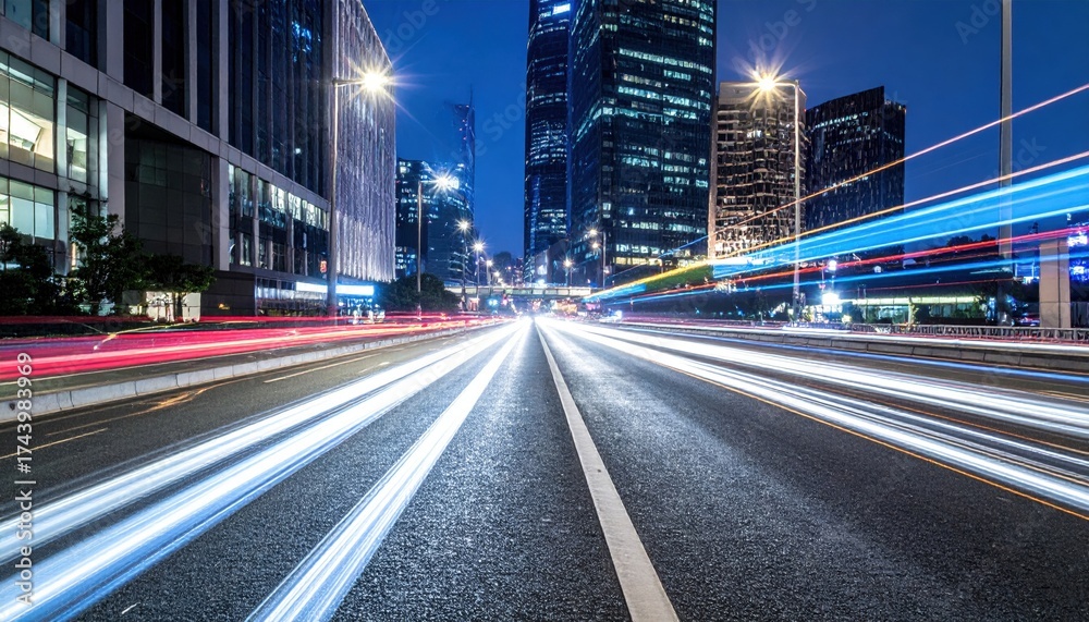 Fototapeta premium Urban Nighttime Cityscape with Light Trails and Illuminated Buildings