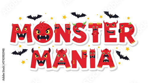 Monster Mania Celebration: A vibrant and playful illustration featuring the words MONSTER MANIA in a fun and spooky style, perfect for Halloween and other festive occasions.