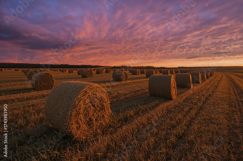 Sunset illuminates straw ba...