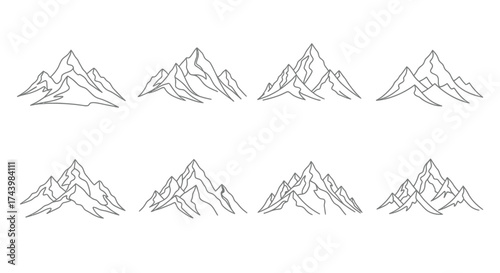 Collection of stylized mountain peaks rendering majestic natural landscapes in outline form vector