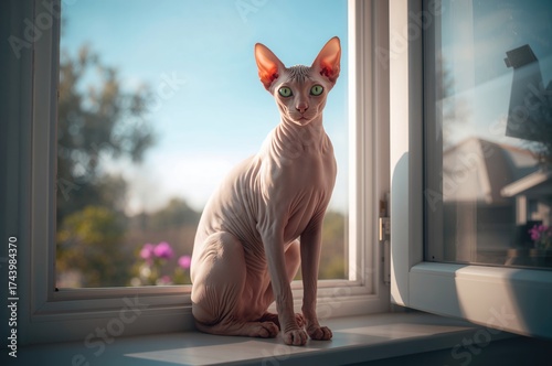 Hairless cat with green eye...