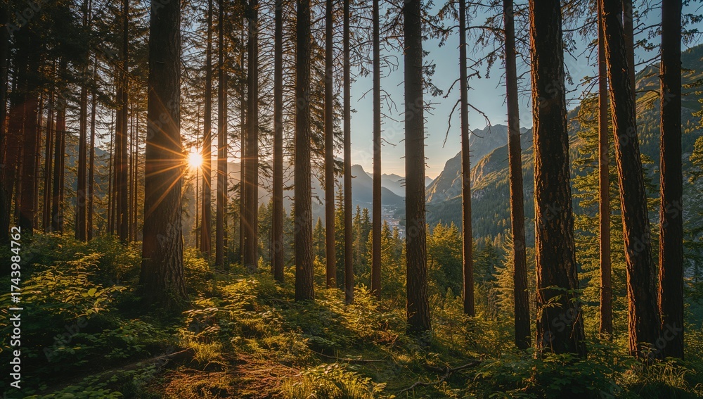 Fototapeta premium Sun rays filtering through tree trunks in a woodland area
