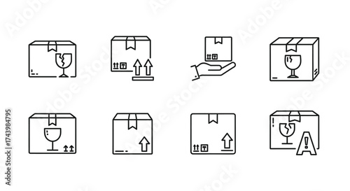 Shipping and delivery icons set showing cardboard boxes with fragile and handling symbols vector