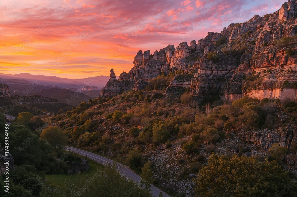 Fototapeta premium Dusk over the towering rock formations in a scenic mountain region