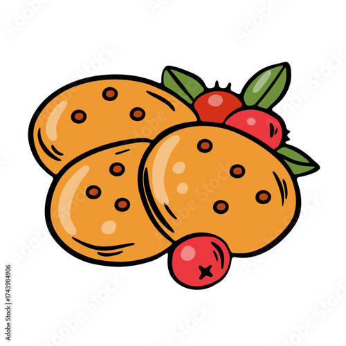 Illustrations of oatmeal cookies with chocolate filling and cranberries.