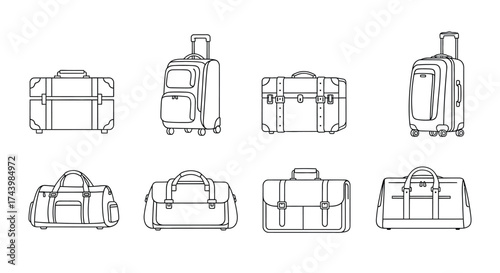 Collection of travel luggage and bags in line art style vector