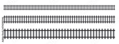 Set of railroad segments. Rail road elements top view. Train track straight lines isolated on white background. Fence or stairs texture. Vector graphic illustration
