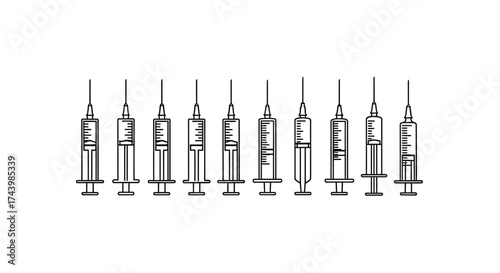 Collection of medical syringes with needles in outline style for healthcare and science concepts vector