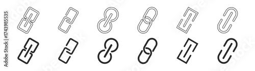 Vector link and chain icons set featuring web, network, and cyberspace symbols. Includes isolated buttons, interface elements, security, communication, attachment, and flat design for websites and app