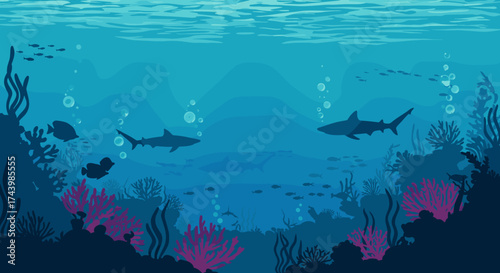 Explore the vibrant underwater world with sharks and coral reefs in deep blue ocean depths
