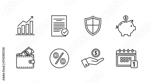 Financial icons set for business growth investment security savings and planning services vector