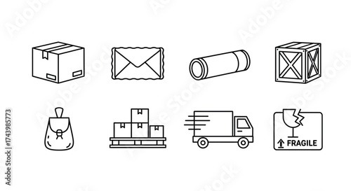 Hand drawn delivery and shipping icons featuring boxes envelopes and trucks for logistics vector