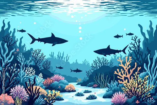 Explore a vibrant underwater world with sharks and colorful coral reefs in this stunning ocean scene