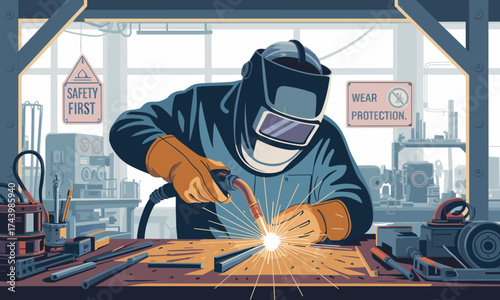 Skilled welder focused on precise metalwork in a safe workshop environment with protective gear