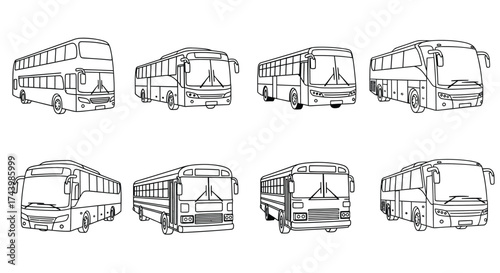 Set of diverse bus front view sketches for transportation and city life designs vector