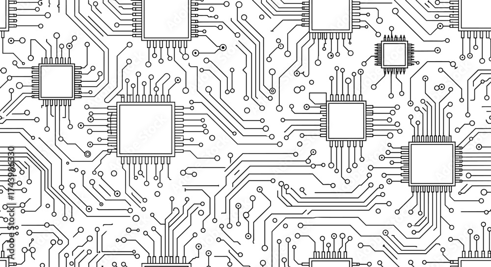 Fototapeta premium Intricate circuit board pattern with chips and connections for tech background or design element use