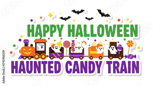 Haunted Halloween Candy Train: A whimsical Halloween train filled with playful ghosts and treats, gliding through a festive holiday display of candies and creatures.