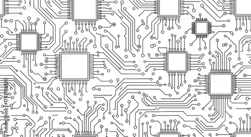 Intricate circuit board pattern with chips and connections for tech background or design element use
