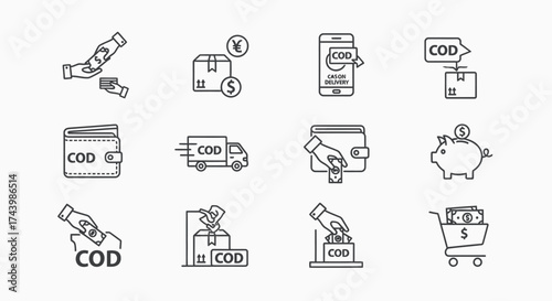 Cash on delivery payment service icons representing online shopping and delivery logistics vector