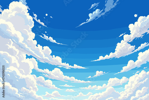 Beautiful blue sky with fluffy white clouds drifting gently, ideal for design and inspirational backgrounds