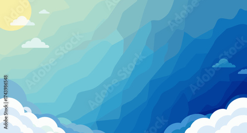 Beautiful serene blue sky gradient with fluffy clouds and gentle sunshine for calming background