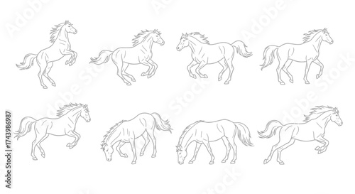 Dynamic horse silhouettes capturing motion through sequential sketches ideal for animation and design projects vector