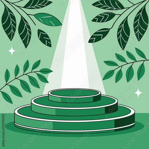 Green tiered podium illuminated by spotlight showcases botanical elements on a light green background