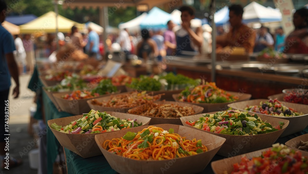 Fototapeta premium Outdoor market scene with vegetable salads served in eco-friendly plates at a street food event