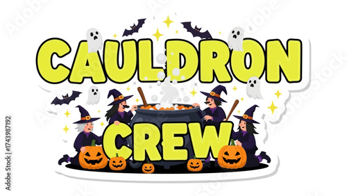 Halloween Cauldron Crew: A playful illustration featuring witches gathering around a steaming cauldron, evoking the spooky spirit of Halloween with its whimsical charm. 