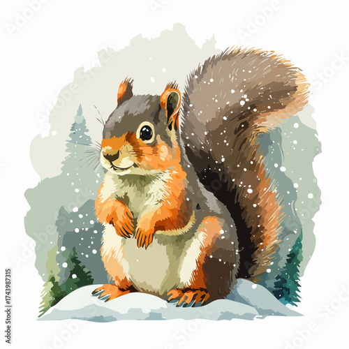 Ein Eichhörnchen-Jungtier sitzt auf einem schneebedeckten Ast