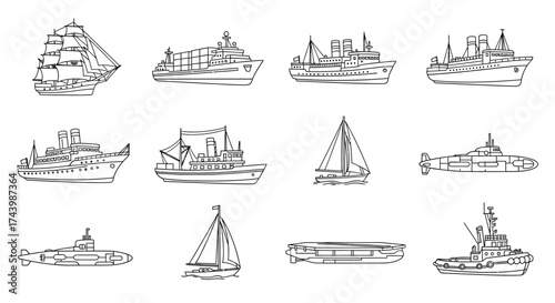 Collection of diverse hand-drawn ship and boat sketches for nautical and marine themes vector