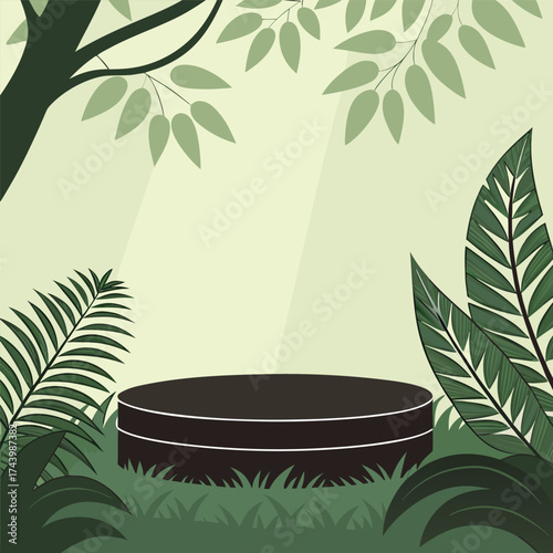Round black podium features in nature surrounded by tree foliage and plant life