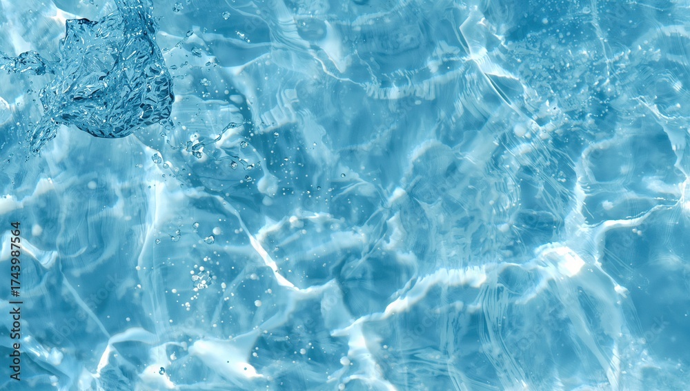 Obraz premium Gentle ripples and droplets on a tranquil, clear blue surface. A contemporary, abstract natural backdrop. Sunlit water movement with empty space for text.