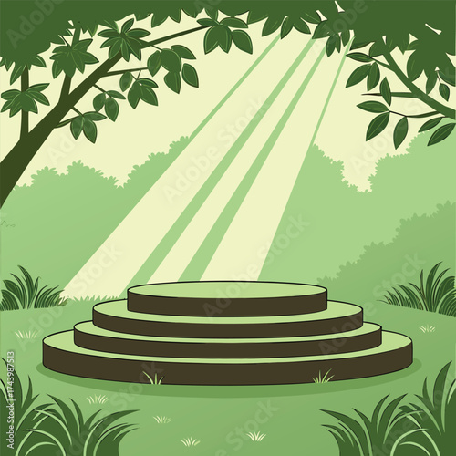 Sunlight streams onto a three tier platform nestled amidst lush green foliage backdrop