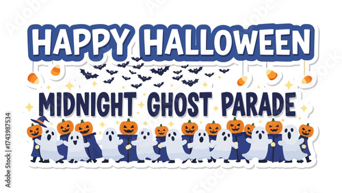 Happy Halloween Midnight Ghost Parade: A vibrant, festive illustration celebrating the spooktacular essence of Halloween, with friendly ghosts, carved pumpkins, and bats against the night sky. 