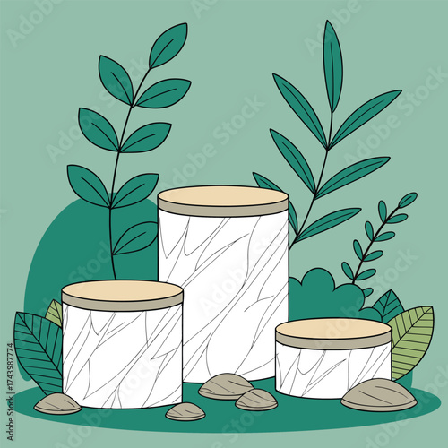 Three round marble pedestals present themselves amongst vibrant foliage against a soothing teal backdrop